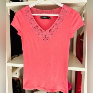 Ralph Lauren Crochet V-neck Pink Cotton Shirt